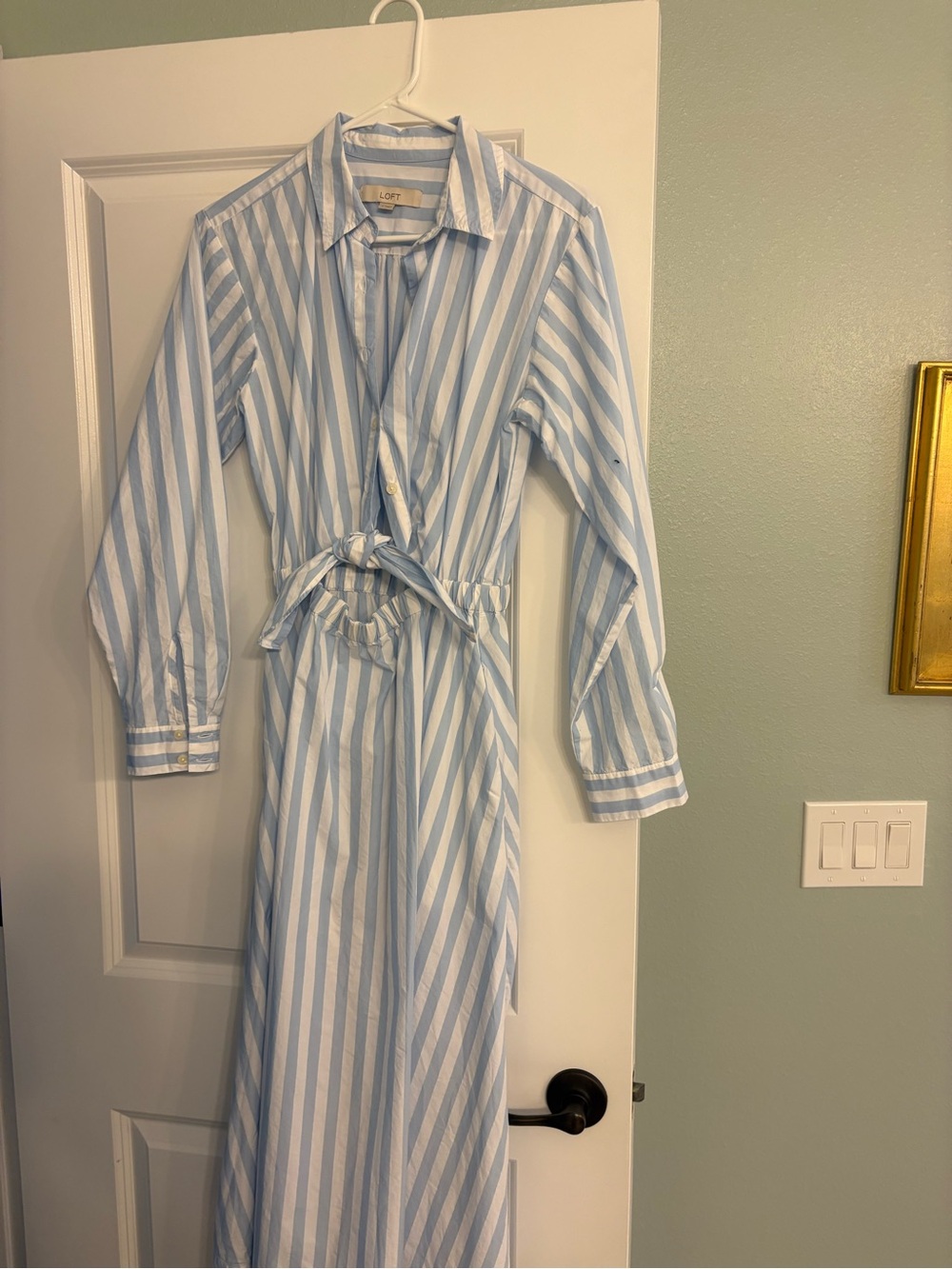 LOFT Blue and White Striped Tie-Waist Midi Shirt Dress